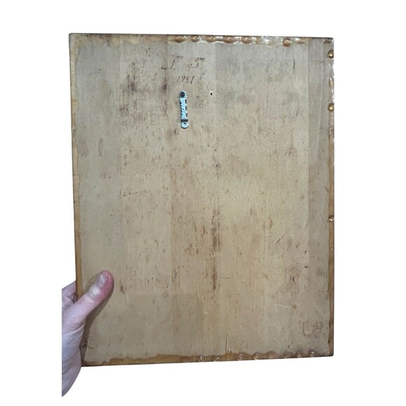 Vtg Native American Wood Burning Painting Head Dress Signed Heavy Lacquer 1991 - Picture 6 of 10